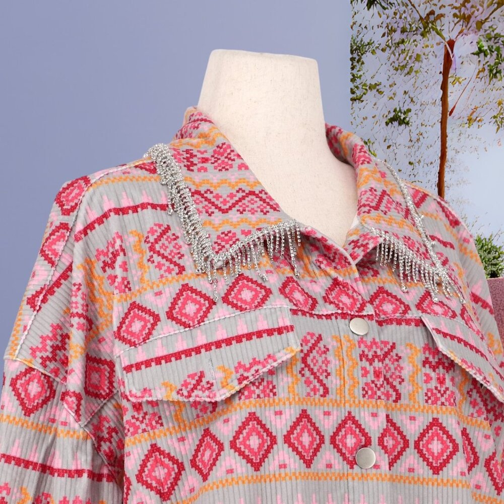 SAVANNA JANE Rhinestone Tassels Aztec Inspired Print Corduroy Jacket NEW IN PACK - Picture 4 of 10